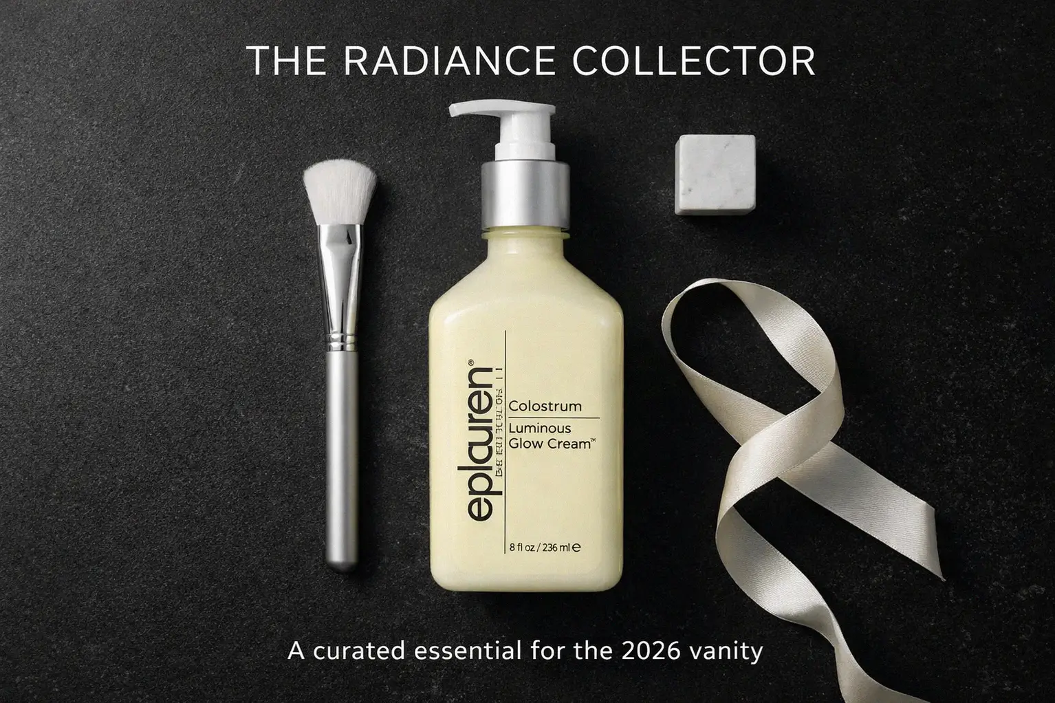 Large white bottle of Epicuren Discovery Colostrum Luminous Glow Cream on a clean vanity.