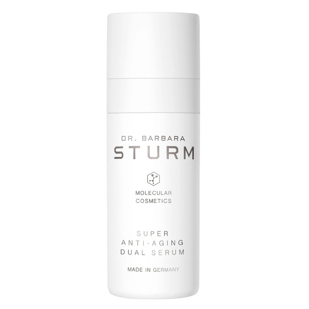 Dr. Barbara Sturm Super Anti-Aging Dual Serum bottle on a clean vanity