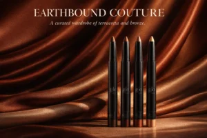 Four Glo Skin Beauty cream eyeshadow sticks in warm earth tones arranged on a clean, luxury vanity.