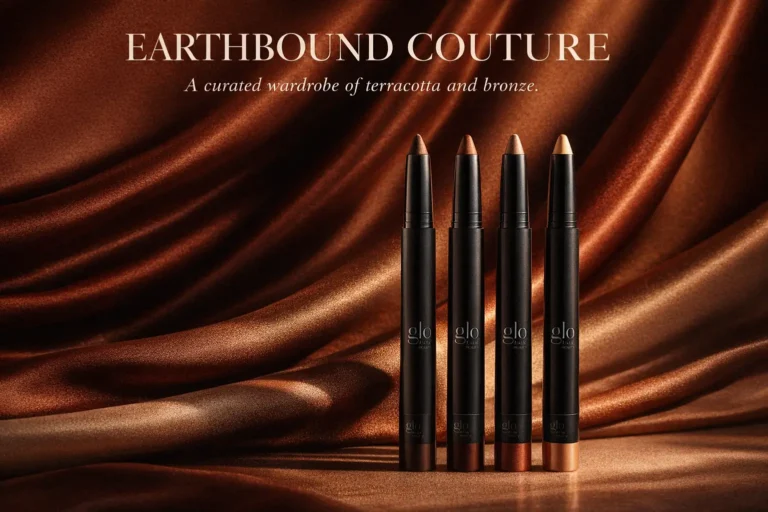 Four Glo Skin Beauty cream eyeshadow sticks in warm earth tones arranged on a clean, luxury vanity.