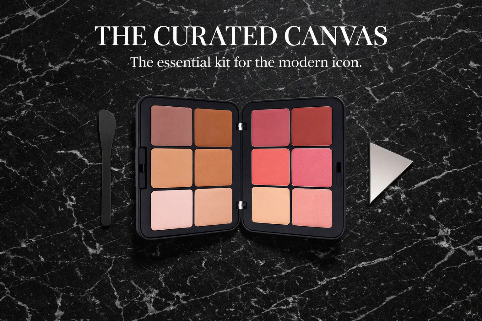A sleek black makeup palette open to reveal 12 cream pans of MAKE UP FOR EVER HD Skin.