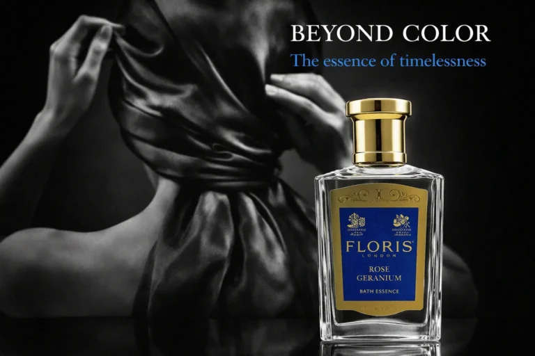 Elegant 50ml Floris London glass bottle of Rose Geranium Bath Essence on a polished bathroom shelf.