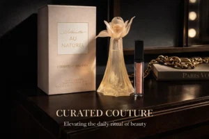 A Christian Siriano Silhouette Au Naturel perfume bottle and lip gloss set on a clean, elegant surface.