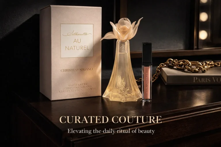 A Christian Siriano Silhouette Au Naturel perfume bottle and lip gloss set on a clean, elegant surface.