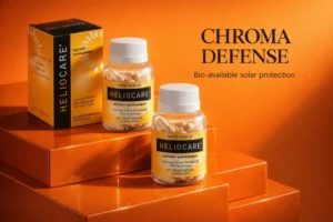 A sleek white bottle of Heliocare Antioxidant Supplement capsules on a polished marble vanity.