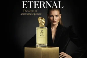 Sisley Paris Eau du Soir bottle with a gold sculpture woman face stopper on a clear glass 3.3oz bottle.