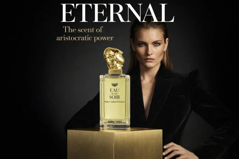 Sisley Paris Eau du Soir bottle with a gold sculpture woman face stopper on a clear glass 3.3oz bottle.