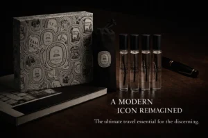 Five Diptyque fragrance spray vials in a white decorative box with a black travel pouch.