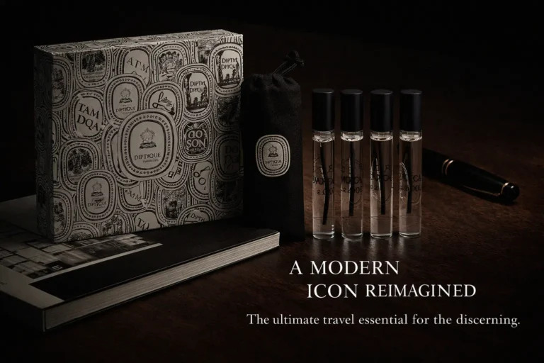 Five Diptyque fragrance spray vials in a white decorative box with a black travel pouch.