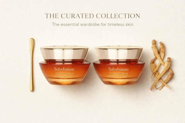 Two orange jars of Sulwhasoo Concentrated Ginseng Rejuvenating Cream Rich displayed on a clean vanity.