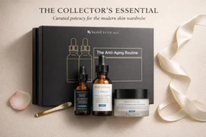 Three SkinCeuticals clinical skincare bottles arranged elegantly on a clean, white vanity surface.