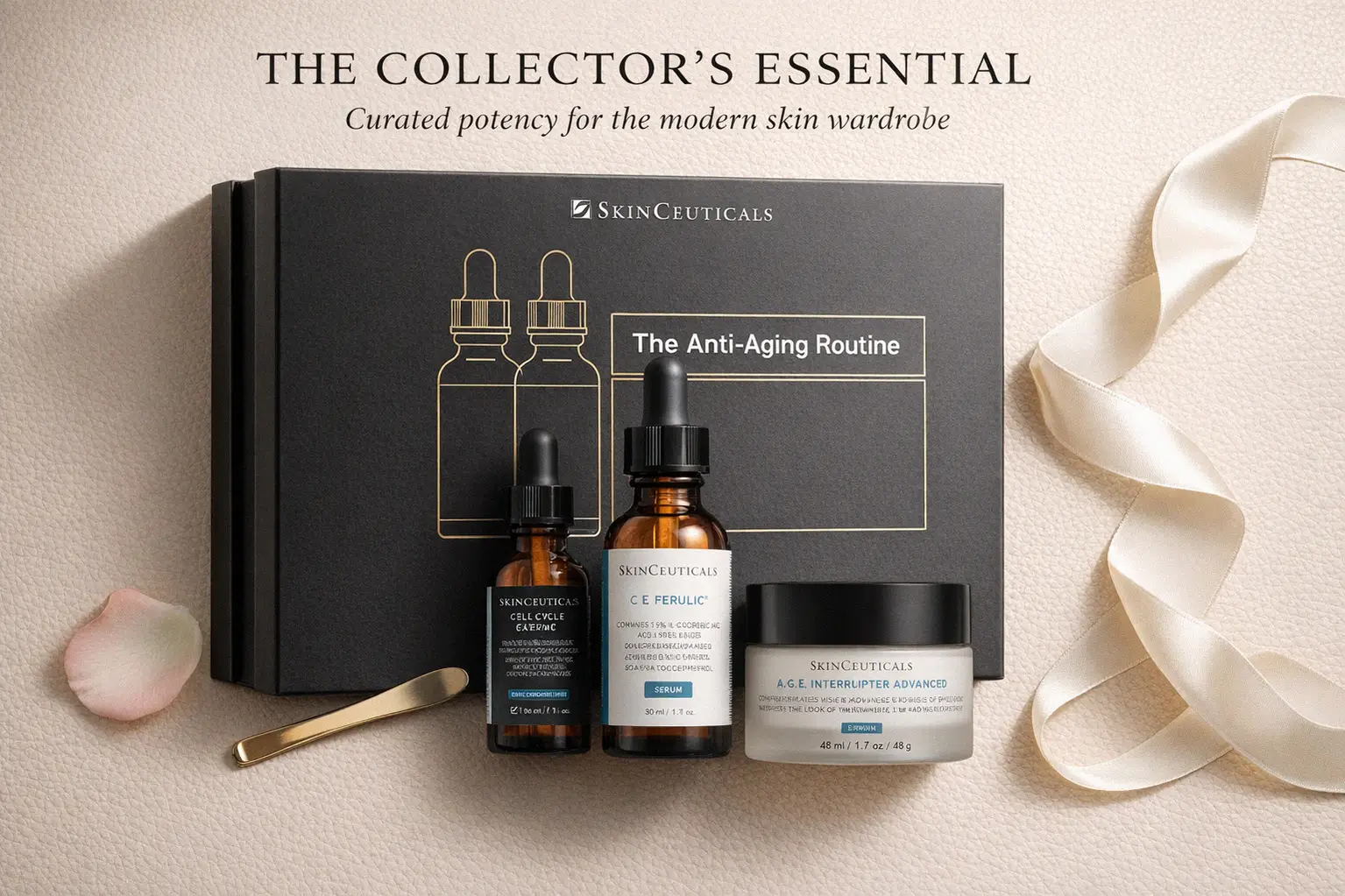 Three SkinCeuticals clinical skincare bottles arranged elegantly on a clean, white vanity surface.