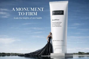 Revision Skincare BodiFirm 8 oz bottle standing on a white surface with soft editorial lighting.