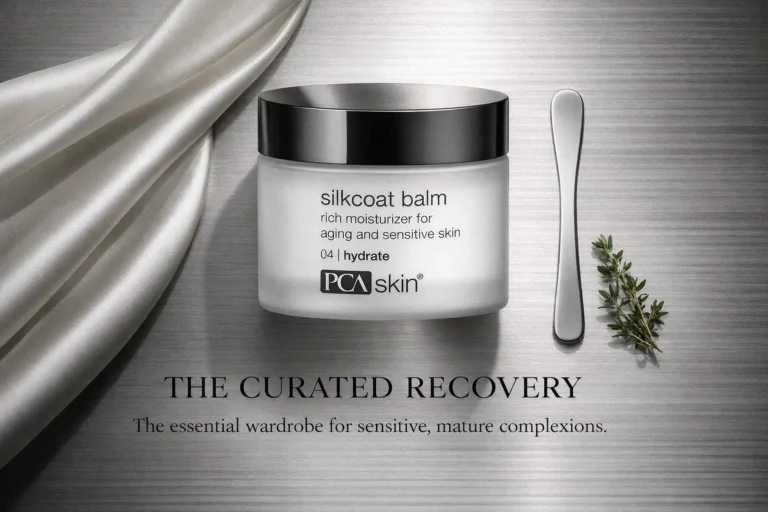 White jar of PCA Skin Silkcoat Balm sits on a marble vanity next to a makeup brush and silk ribbon.
