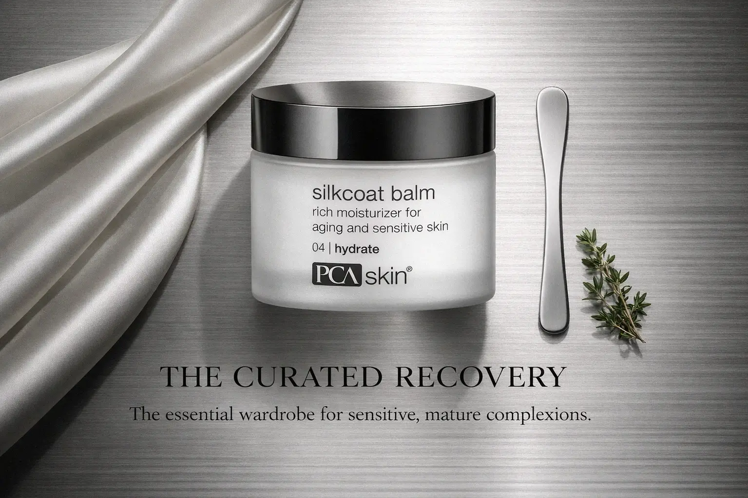 White jar of PCA Skin Silkcoat Balm sits on a marble vanity next to a makeup brush and silk ribbon.