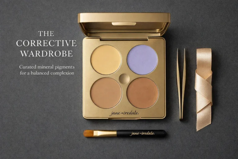 A four-shade jane iredale Corrective Colors Kit palette with yellow, peach, lilac, and beige cream pans.