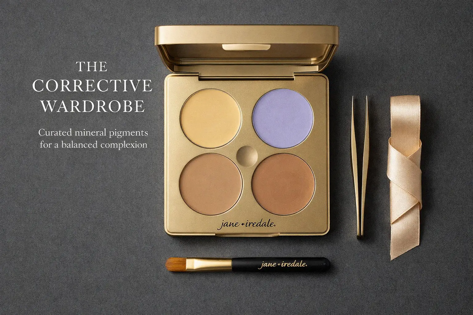 A four-shade jane iredale Corrective Colors Kit palette with yellow, peach, lilac, and beige cream pans.