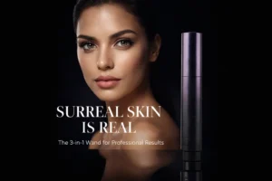 Sleek Surratt Beauty Surreal Skin wand with a built-in angled brush for seamless application.