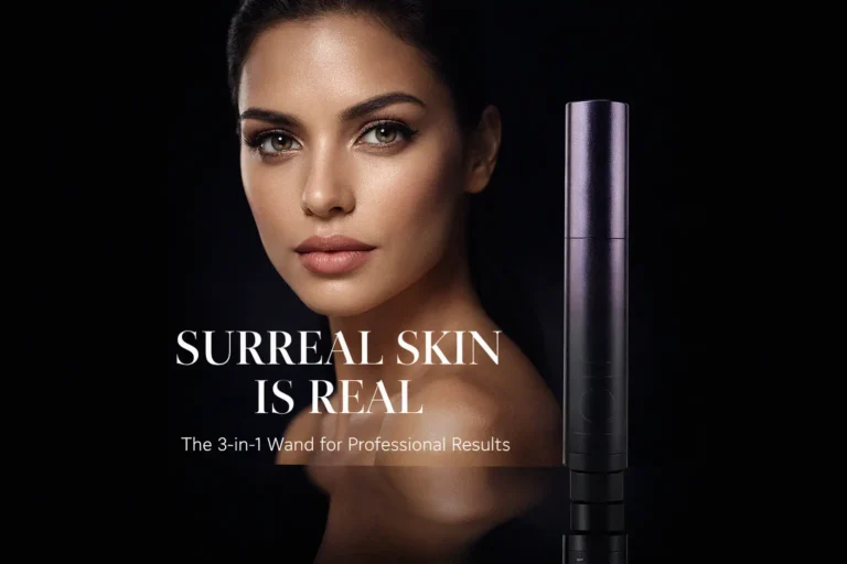 Sleek Surratt Beauty Surreal Skin wand with a built-in angled brush for seamless application.