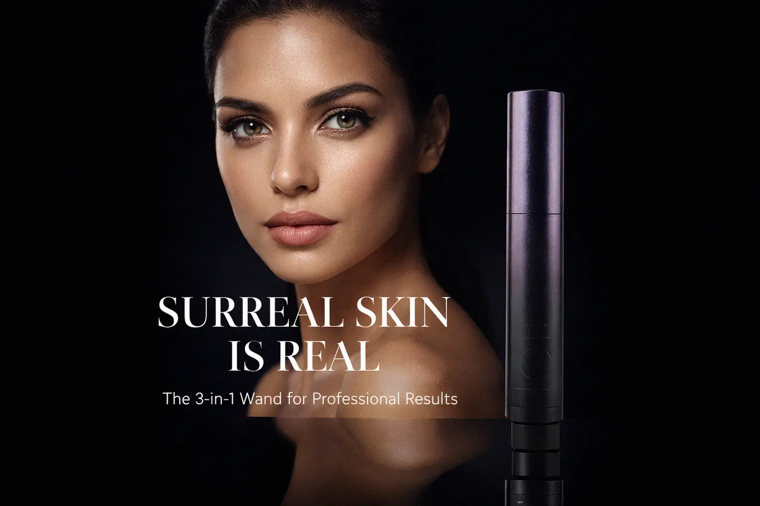 Sleek Surratt Beauty Surreal Skin wand with a built-in angled brush for seamless application.