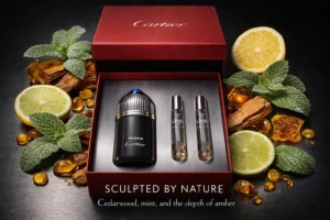 Glass refillable fragrance bottle with blue cap and matching shower gel in a red luxury gift box.