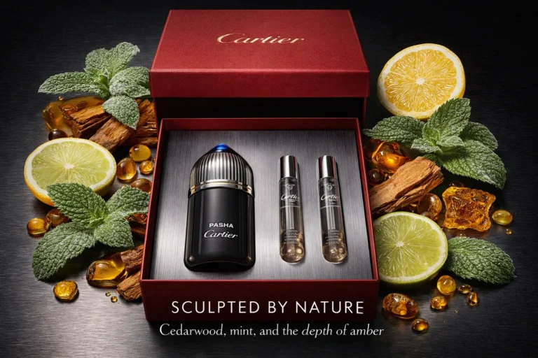 Glass refillable fragrance bottle with blue cap and matching shower gel in a red luxury gift box.