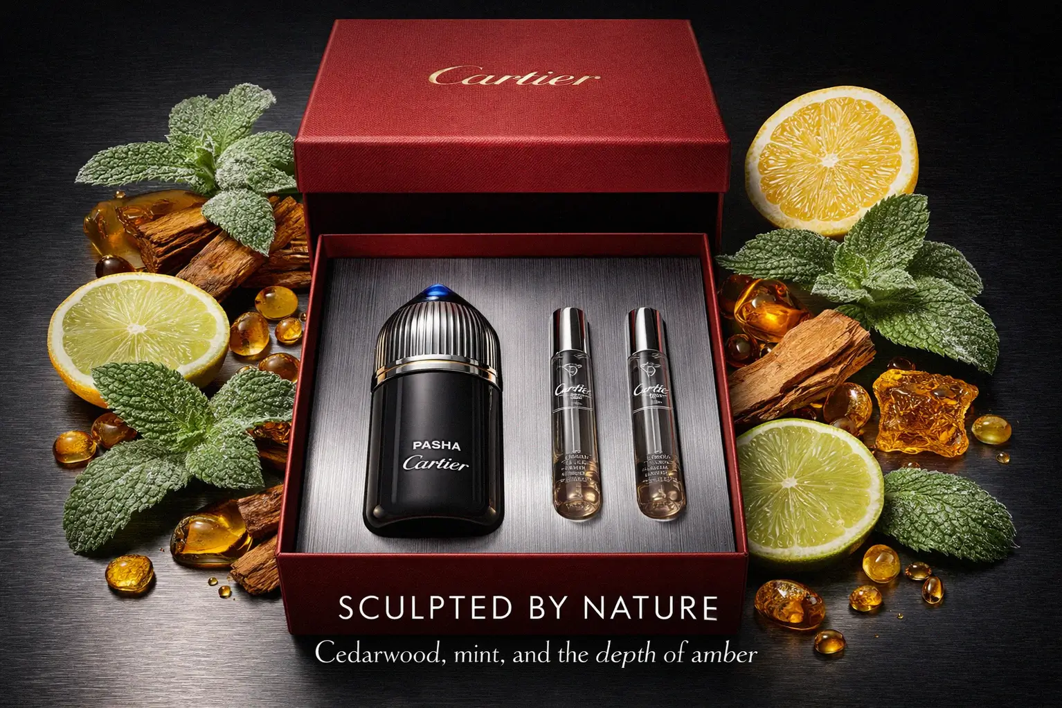 Glass refillable fragrance bottle with blue cap and matching shower gel in a red luxury gift box.