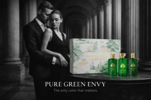 Jo Milano Game Of Spades Emerald perfume bottle and gift box on a clean white surface.