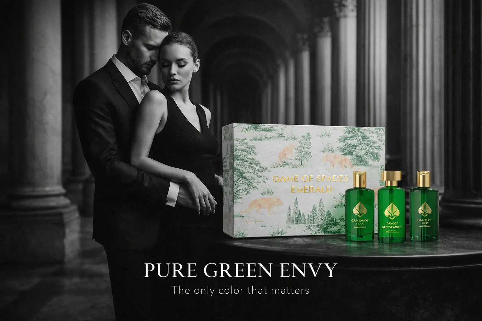 Jo Milano Game Of Spades Emerald perfume bottle and gift box on a clean white surface.