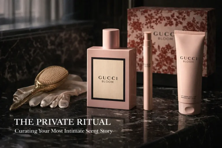 A powder pink Gucci Bloom perfume bottle next to its luxury gift box on a white surface.