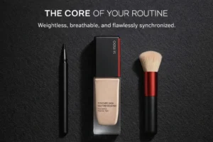 A frosted glass bottle of Shiseido Synchro Skin Self-Refreshing Foundation on a clean white surface.