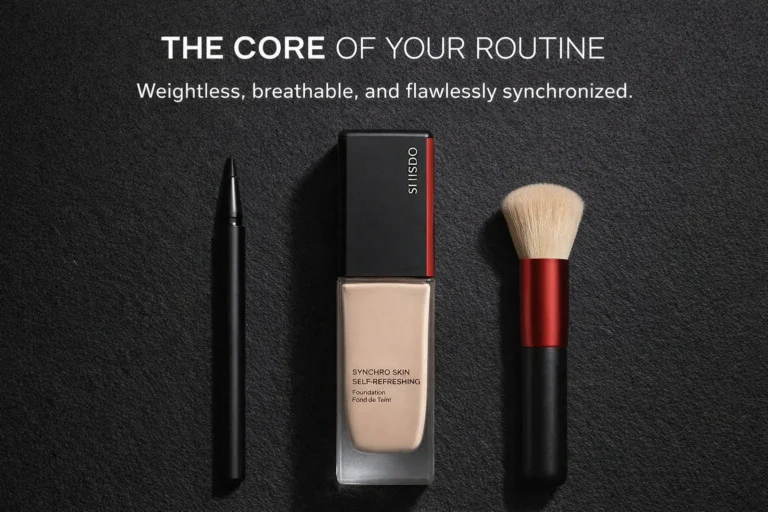 A frosted glass bottle of Shiseido Synchro Skin Self-Refreshing Foundation on a clean white surface.