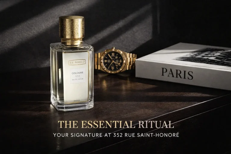 Sleek glass bottle of EX NIHILO Cologne 352 with a gold cap on a minimalist white surface.