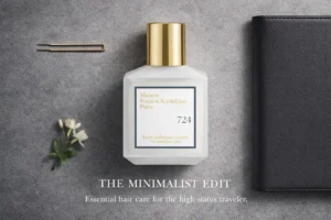 Clear glass bottle of Maison Francis Kurkdjian 724 Scented Hair Mist with white label and silver cap.