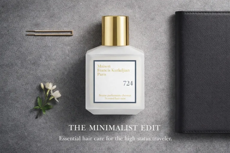 Clear glass bottle of Maison Francis Kurkdjian 724 Scented Hair Mist with white label and silver cap.