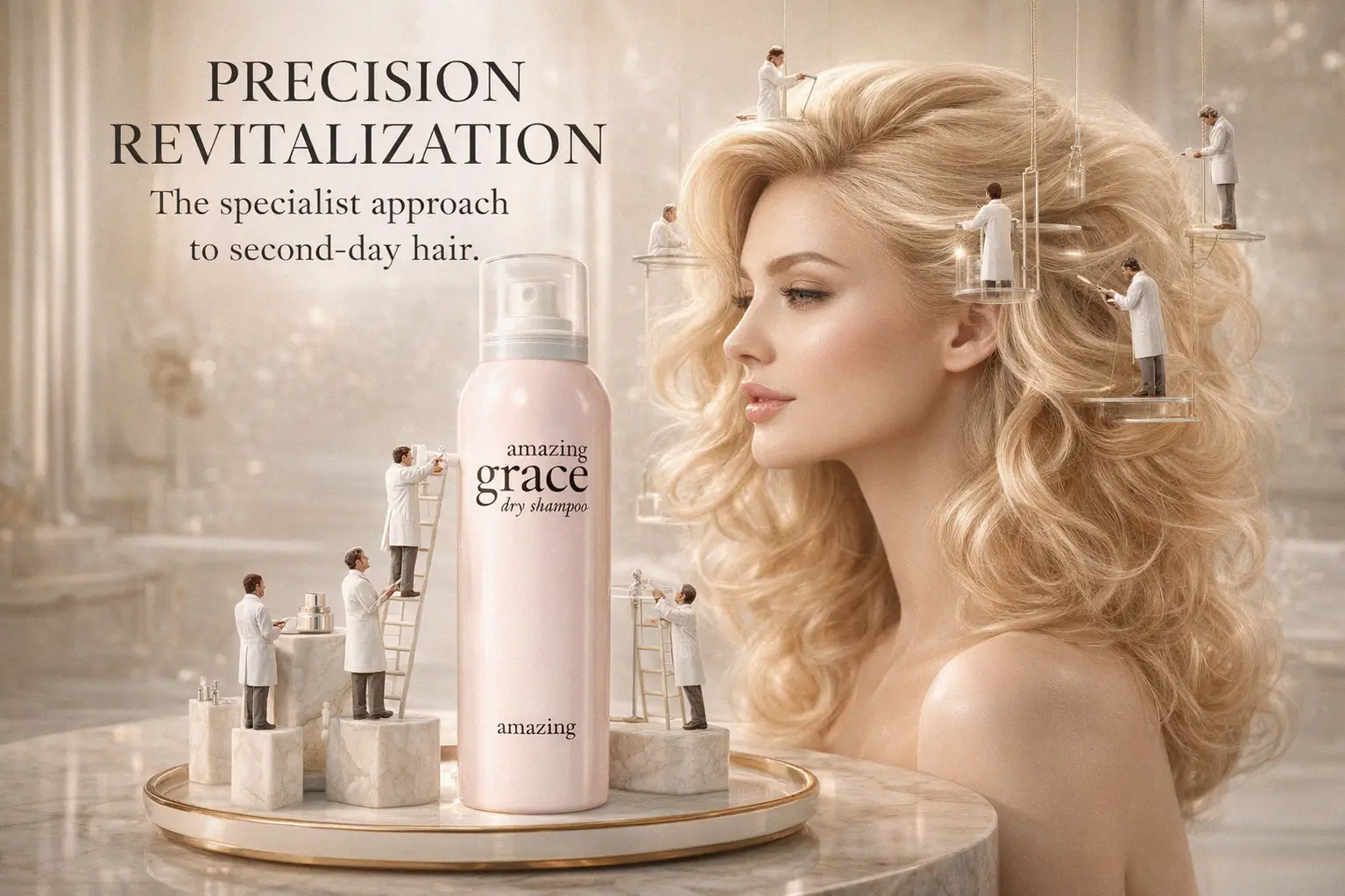 A clean white aerosol bottle of Philosophy Amazing Grace Dry Shampoo on a marble vanity.