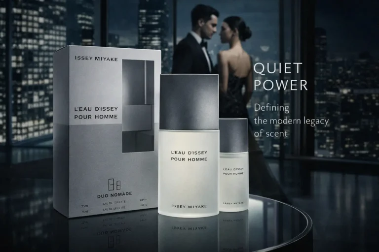 Issey Miyake L'eau d'Issey Pour Homme gift box with a large clear bottle and travel accessories.