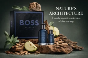 Two silver-capped BOSS Bottled Infinite cologne bottles on a clean, modern surface with a gift box.