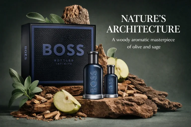 Two silver-capped BOSS Bottled Infinite cologne bottles on a clean, modern surface with a gift box.