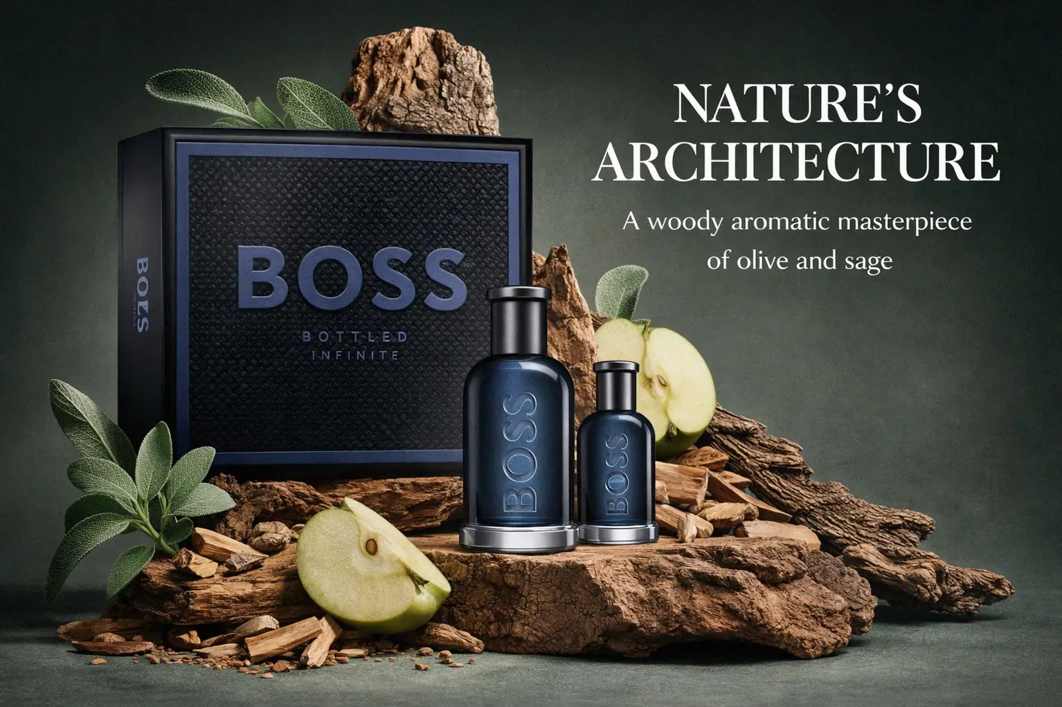 Two silver-capped BOSS Bottled Infinite cologne bottles on a clean, modern surface with a gift box.