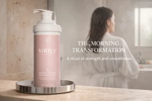A 17 oz bottle of Virtue Labs Smooth Conditioner on a clean white vanity with minimalist styling.