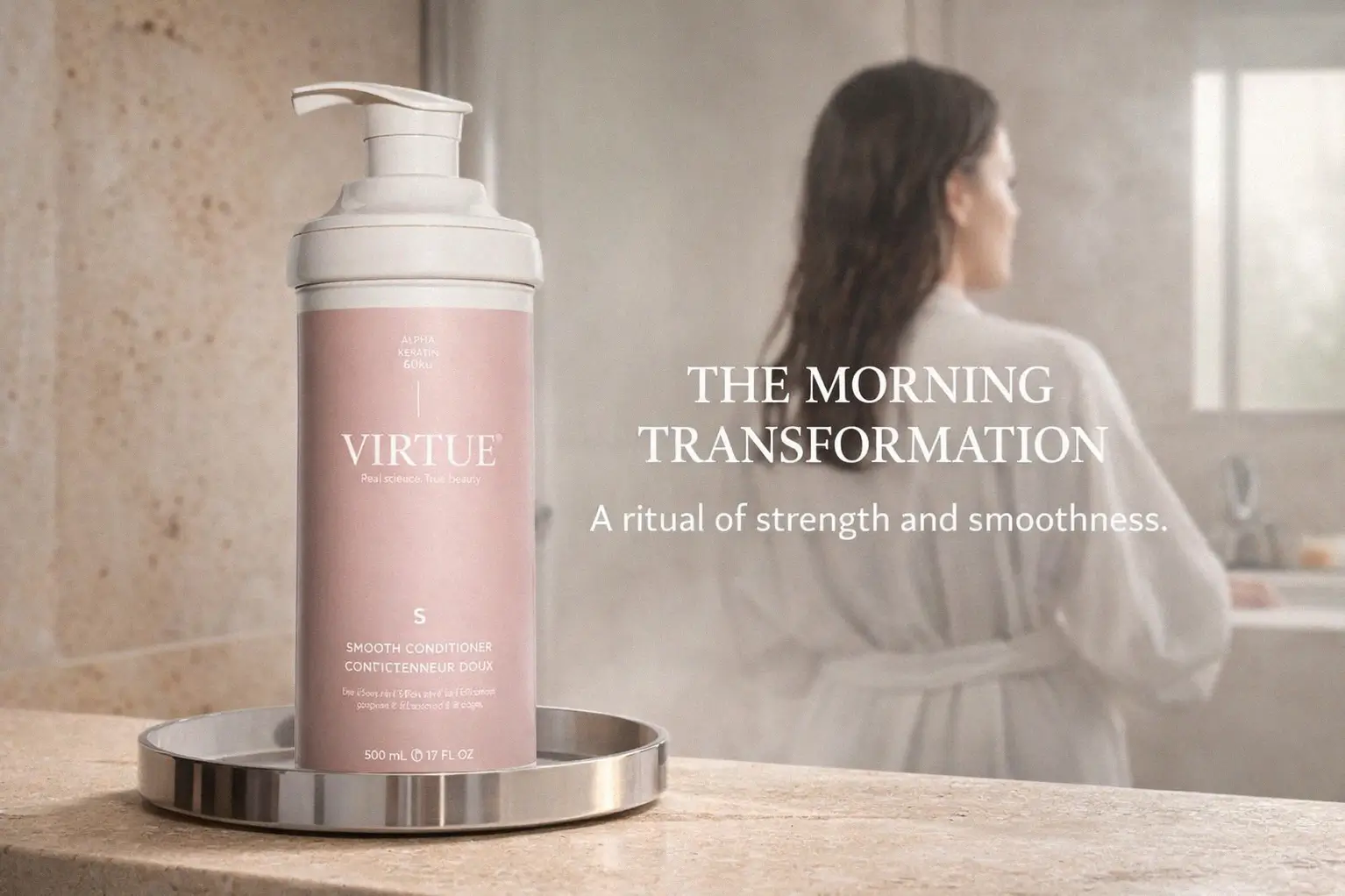 A 17 oz bottle of Virtue Labs Smooth Conditioner on a clean white vanity with minimalist styling.
