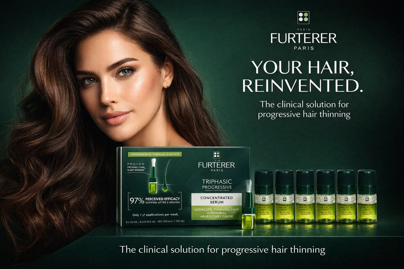 Set of eight René Furterer Triphasic Progressive Serum vials with a specialized massaging applicator tip.