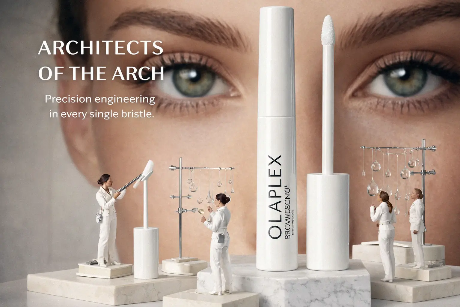 A sleek Olaplex Browbond Building Serum tube with its microbristle applicator on a clean white surface.