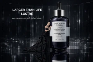 A 60ml bottle of Sisley Paris Revitalizing Fortifying Serum for Scalp on a clean marble vanity.