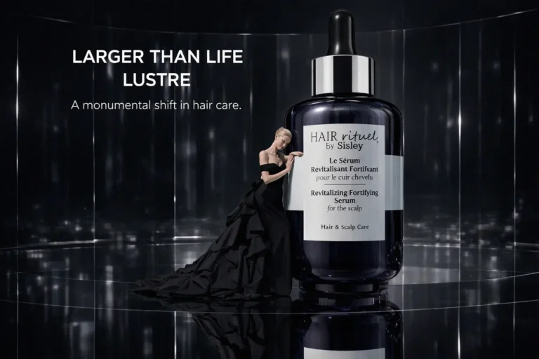 A 60ml bottle of Sisley Paris Revitalizing Fortifying Serum for Scalp on a clean marble vanity.