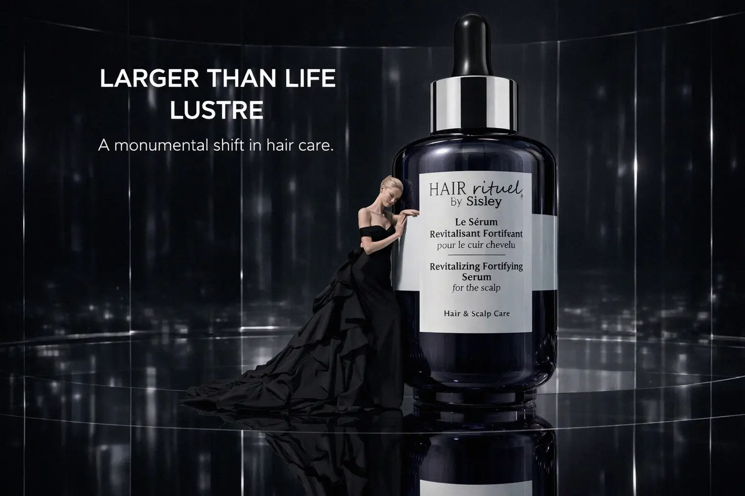 A 60ml bottle of Sisley Paris Revitalizing Fortifying Serum for Scalp on a clean marble vanity.