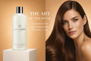 Molton Brown Purifying Conditioner with Indian Cress bottle displayed on a white marble bathroom shelf.