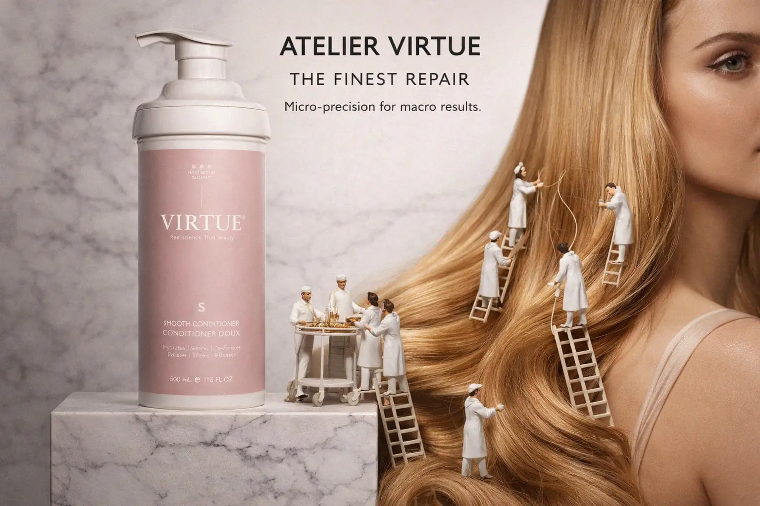 A 17 oz bottle of Virtue Smooth Conditioner with a minimalist design on a marble bathroom shelf.