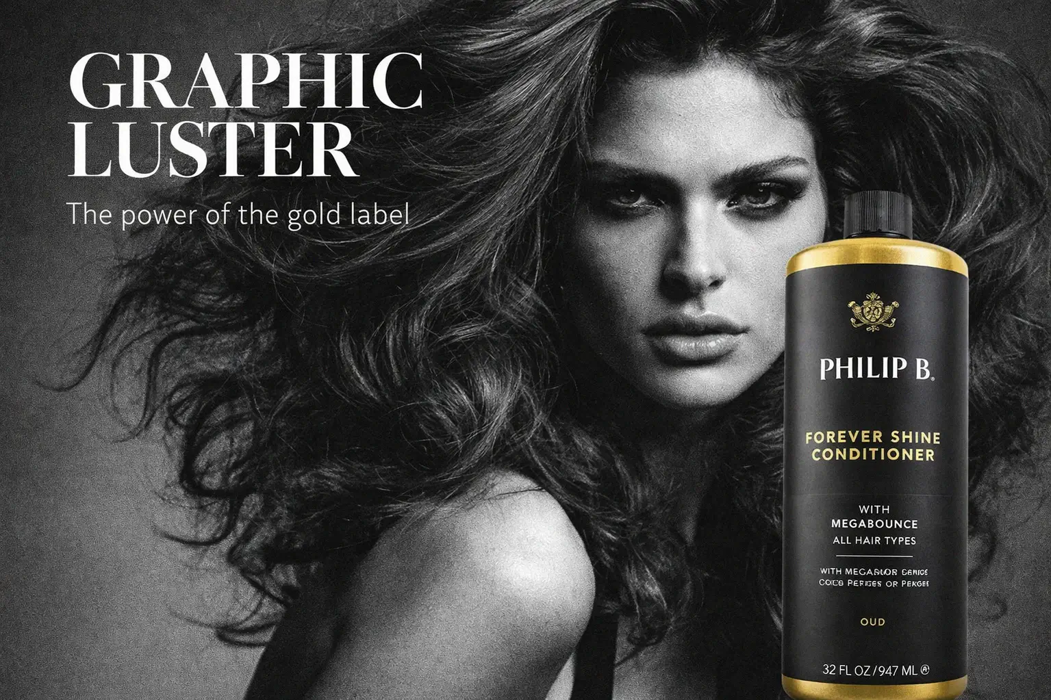 Large 32 oz bottle of Philip B Forever Shine Conditioner featuring clean white and gold luxury packaging.